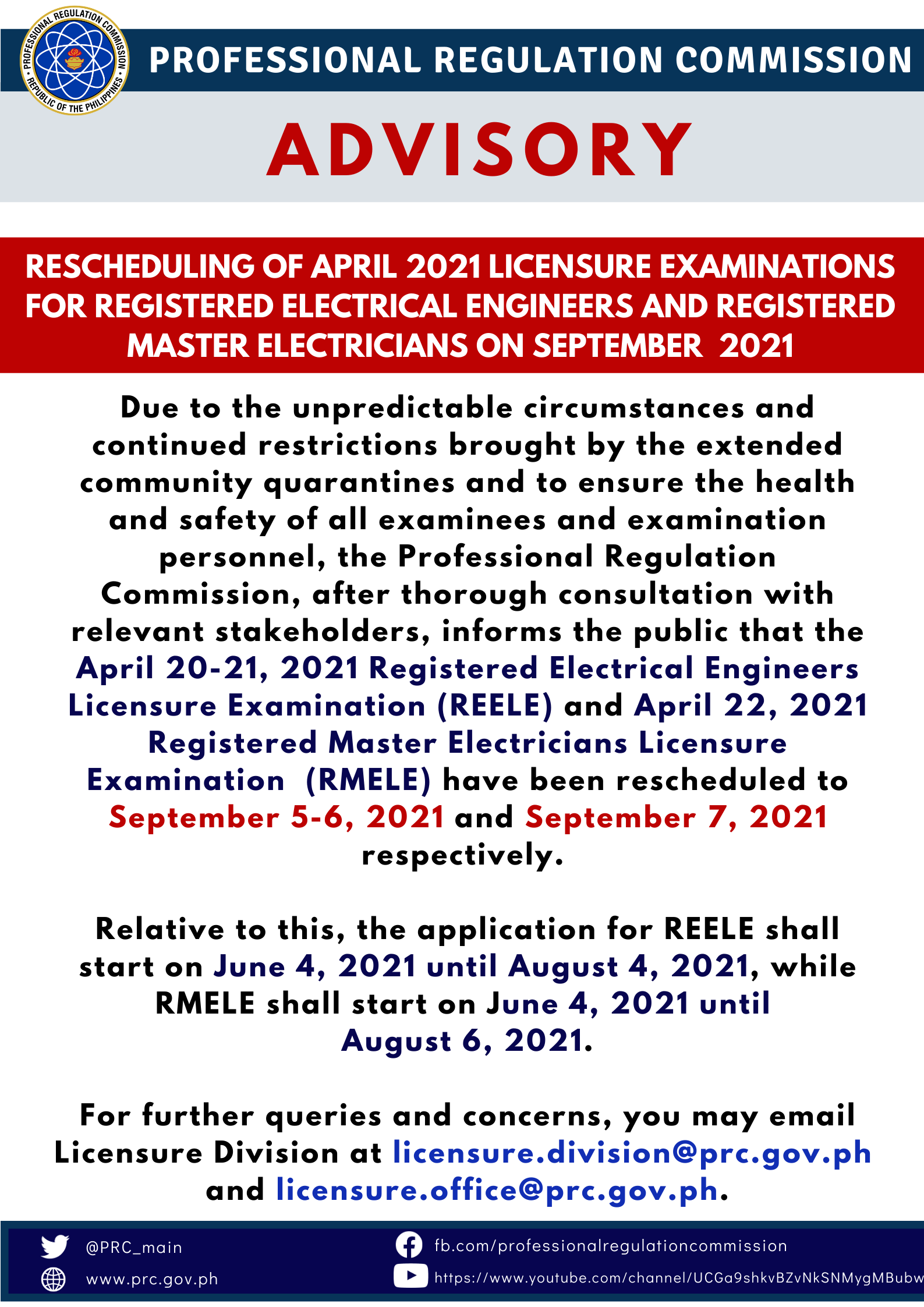 Rescheduling of April 2021 Licensure Examinations for Registered